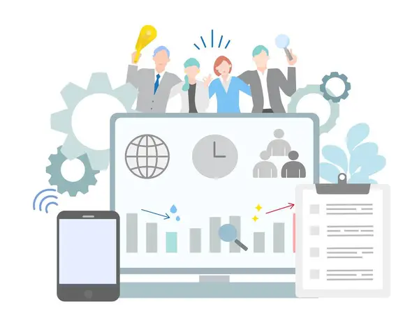 Grafikleri ve grafikleri olan iş adamları web simgeleri illüstrasyonu - Oshare Laylast Vector Material - Ekibinde çalışan iş adamı