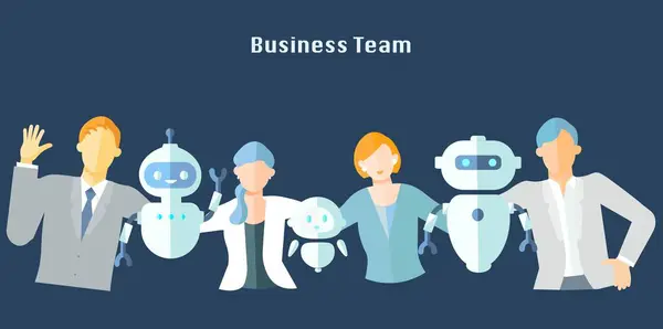 Bir iş ekibi ve bir robot girişim geliştirme ekibinin birlikte omuz omuza Vector Material-vector web simgeleri resimlemesi 