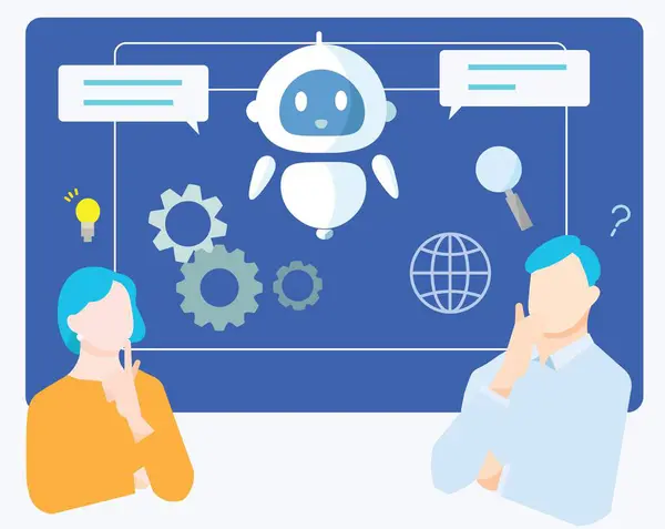 Soru cevaplama ve görevleri yönetme konusunda kullanıcılara yardımcı olan bir sohbet robotunun ağ-vektör illüstrasyonuna sahip kişi.