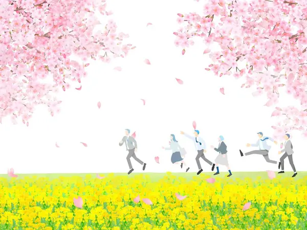 Kiraz ağaçları ve kıyıda koşan öğrenciler, erkek ve kadın, profil, tüm vücut, mezuniyet ve giriş, basit bir vektör çizimi, beyaz arkaplan.