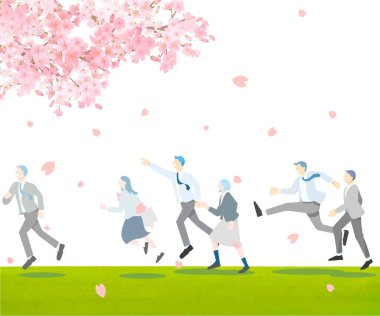 Kiraz ağaçları ve kıyıda koşan öğrenciler, erkek ve kadın, profil, tüm vücut, mezuniyet ve giriş, basit bir vektör çizimi, beyaz arkaplan.