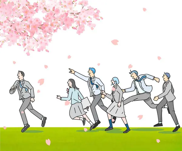 Kiraz ağaçları ve kıyıda koşan öğrenciler, erkek ve kadın, profil, tüm vücut, mezuniyet ve giriş, basit bir vektör çizimi, beyaz arkaplan.