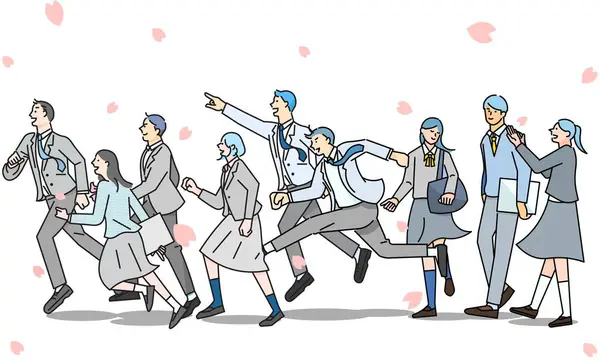 Erkek ve kız öğrencinin vişne çiçekleriyle yürüyen ve koşan basit bir çizgi çiziminin vektör çizimi - profil - tüm vücut - mezuniyet - giriş - kişi vektör çizimi