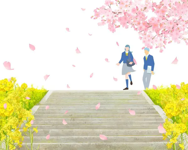 Bankta çiçek açan kiraz ağaçları ve tecavüz çiçekleri, kıyıda yürüyen erkek ve kadın öğrenciler, kıyıda yürüyen merdivenler, mezuniyet ve giriş, dikey vektör çizimi beyaz arka plan