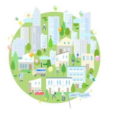İlkbahar şehir manzarası - şehrin sürdürülebilir şehirlerindeki insanlar ve çevre dostu kasaba vektör illüstrasyon geçmişi