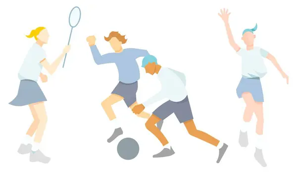 Spor yapan insanların basit çizgi çizimlerinin vektör çizimi. Tenis oynayan, basket oynayan ve ayak topu ağı oyunu oynayan insanların..