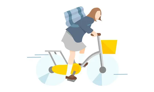 Saf bir bisikletin üzerinde duran bir kız öğrencinin vektör çizimi.