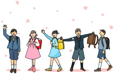 Kiraz çiçekleriyle yürüyen bir çocuğun basit bir çiziminin vektör çizimi - tüm vücut - ilkokul öğrencilerinin mezun olup okula girişlerinin..