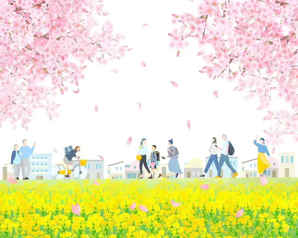  İnsanlar-kiraz çiçekleri ve yukarıdan görülenler - tüm vücut - kiraz çiçekleri sezonu - arka planda düşen kiraz çiçekleri ile bir manzara vektör çizimi 