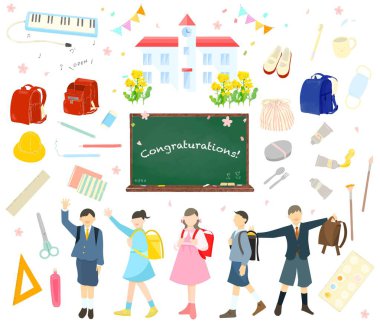 Stylish hand-drawn illustration vector material of school entrance ceremony for elementary school children with a set of tools icon for school. clipart