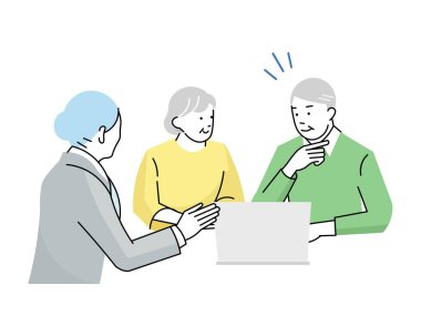 Üst düzey bir çiftin kadın bir danışmana danışmasının vektör çizimi - iş sahnesi vektörü