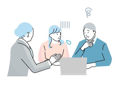 Genç çiftin kadın danışmana danışması - sorunlu zamanlar için tavsiye - vektör illüstrasyonu