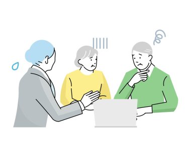 Üst düzey çift, kadın danışmana danışmanlık yapıyor - sorunlu zamanlar için tavsiye - vektör illüstrasyonu