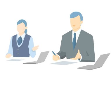 Bir erkek ve kadın iş adamının vektör illüstrasyonu bir erkek ve kadın danışmana tavsiyede bulunmaktadır.