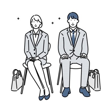 Ofiste röportaj yapan bir erkek ve kadının basit bir çizimi..