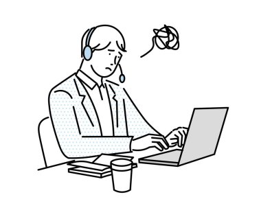 Bilgisayarda çalışan adam - sorunlu yüz mavi iş - Basit Vektör İllüstrasyonu