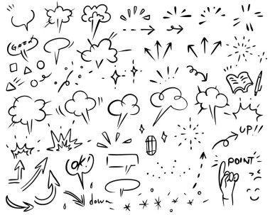 Çerçeveler, çağrılar, oklar vs. için çizgi roman bulutlarının el çizimi çizimi tasviri. Mürekkep imleci basit vektör simgeleri çizgi film efekti, patlama patlayıcı hareket çizgisi ögesi ayarlandı. 