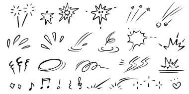 El çizimi yazı tipi çizgi çizgi efekti, patlayıcı hareket çizgisi elemanı ayarlandı. Çizgi roman patlaması, patlayıcı duman, çizgi çizgi film vektör ikonu. El çizimi karalama aksiyon efekti. Vektör 