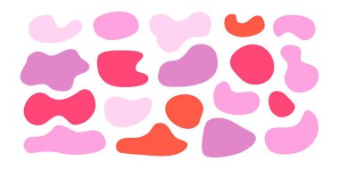 Pembe ve kırmızı soyut organik şekilli yuvarlak şekiller. Sıvı organik yuvarlak şekilli şekil şekli. Soyut sıvı baloncuk, dalgalı farklı formlar. Yuvarlak oval model arka plan. Vektör illüstrasyonu