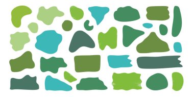 Değişik şekillerden oluşan yeşil ve mavi siluet vektör kümeleri soyut organik şekil yuvarlak form kümesi. Sıvı organik yuvarlak şekilli şekil şekli. Soyut sıvı baloncuk, dalgalı farklı form.