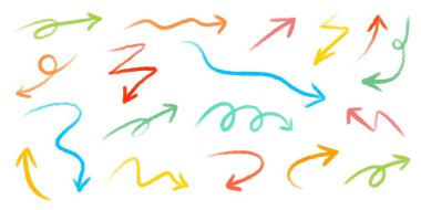 Renkli tebeşir ok karalamaları seti - el çizimi karalama girdapları, kıvrımlar, işaretçiler paketi. Sanatsal kalem çizimleri, tasarım elemanları koleksiyonu. Kaotik grunge tarzı pastel fırça darbeleri, işaretleyici ana hatları vektör.