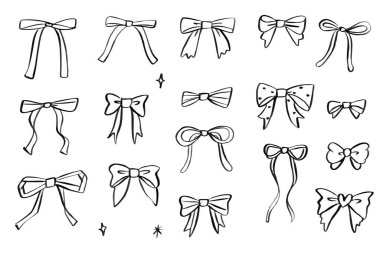 Şirin geçmişe dönük yay seti. Beyaz ve siyah zarif kurdeleler sanat çizgisi çizimi. El yapımı ipek bant aksesuarı. Kız dekor clipart