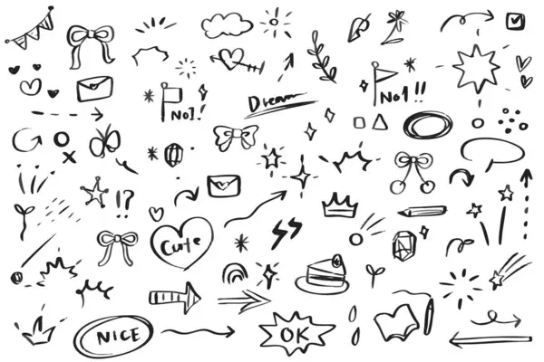 Karalama dokusu mürekkebi ve fırça çizgileri, kalpler, yıldızlar ve diğer ikonlar vektör eli basit şirin bir set çizildi