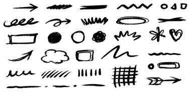 Kalem fırçası pastel işaretli tebeşir desen çizgisi vuruş elementi ayarlandı. El çizimi kalem fırçası deseni kömür şekli. Tebeşir kaşıma el çizimi tarzı arka plan. Vektör illüstrasyonu