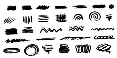 Kalem fırçası pastel işaretli tebeşir desen çizgisi vuruş elementi ayarlandı. El çizimi kalem fırçası deseni kömür şekli. Tebeşir kaşıma el çizimi tarzı arka plan. Vektör illüstrasyonu