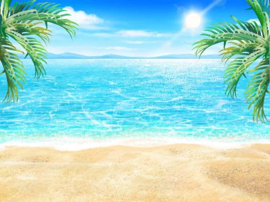 Palmiye ağaçları olan tropik plaj sessiz ve güzel sabah denizi, zümrüt yeşil deniz ve tatil ve tatil sezonu için beyaz kumlu plaj.