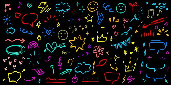 Çizgi el fırça işareti altı çizili, parlak ışık, yıldız elementi rengi çocuk seti. El çizimi keçeli kalem, altı çizili şekil, ok, yıldız karalaması fırça darbesi vurgu elementi. Vektör illüstrasyonu