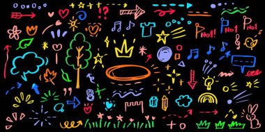 Çizgi el fırça işareti altı çizili, parlak ışık, yıldız elementi rengi çocuk seti. El çizimi keçeli kalem, altı çizili şekil, ok, yıldız karalaması fırça darbesi vurgu elementi. Vektör illüstrasyonu 