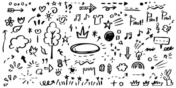  El çizimi çocuk kalem ikonu seti. Sevimli gökkuşağı, kalp, taç, çiçek ve güneş siyah çocuk karalama tarzında. Tebeşir dokusu, bulut, gülümseme, oyun için yıldız ve eskiz figürü veya okul tasarımı