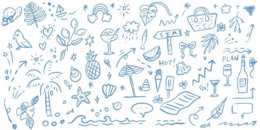 Yaz tatili çizim seti. Sahil ve deniz yolculuğu elementleri. El yapımı palmiye ağacı, meyve, ıstakoz, deniz ürünleri, kabuk, bikini, kokteyl. Kart, parmak izi, düğün davetiyesi için sahil koleksiyonu.