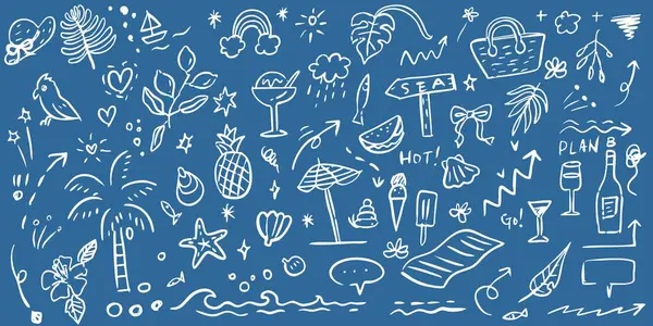Yaz tatili çizim seti. Sahil ve deniz yolculuğu elementleri. El yapımı palmiye ağacı, meyve, ıstakoz, deniz ürünleri, kabuk, bikini, kokteyl. Kart, parmak izi, düğün davetiyesi için sahil koleksiyonu.