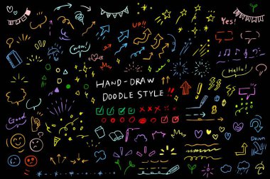 Çizgi el fırça işareti altı çizili, parlak ışık, yıldız elementi rengi çocuk seti. El çizimi keçeli kalem, altı çizili şekil, ok, yıldız karalaması fırça darbesi vurgu elementi. Vektör illüstrasyonu - siyah arkaplan üzerindeki renkli çizgi 