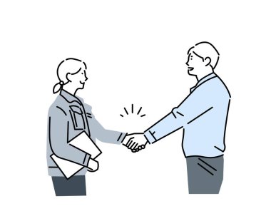 İş adamı, iş elbiseli bir adam ve bir kadınla el sıkışıyor. Pazarlık, sözleşme, sadece ellerin basit vektör çizimi..