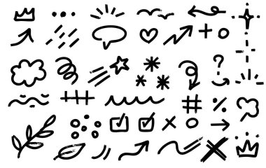 Ok fırçası yıldız işareti çizgi biçimi ayarlandı. El çizimi fırça darbesi yıldız işareti, ok, grunge desenli kıvrımlı şekil. Geometrik arkaplan için soyut çizim elemanları. Vektör illüstrasyonu