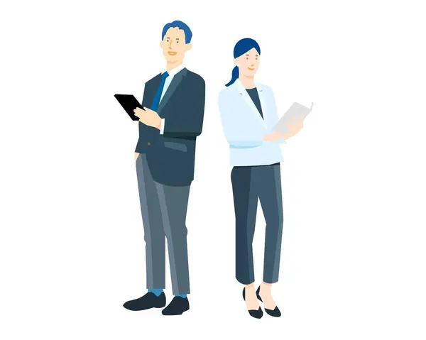 Belge ya da dizüstü bilgisayar taşıyan takım elbiseli iş adamları hem erkek hem de kadın gövde vektör çizgisi çizim materyali taşıyor.