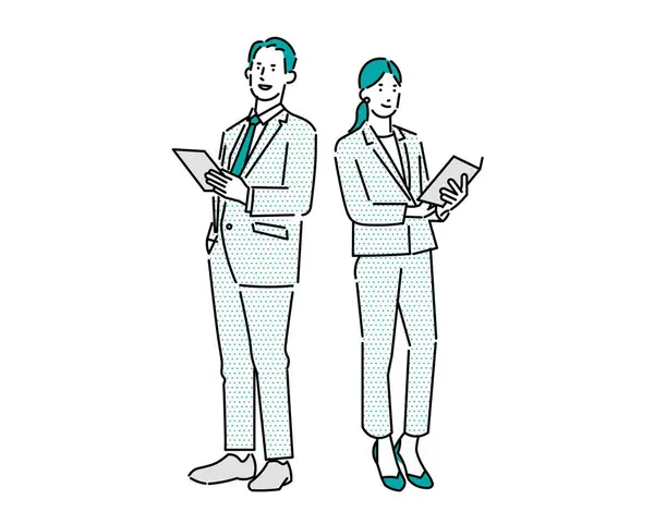 Belge ya da dizüstü bilgisayar taşıyan takım elbiseli iş adamları hem erkek hem de kadın gövde vektör çizgisi çizim materyali taşıyor.