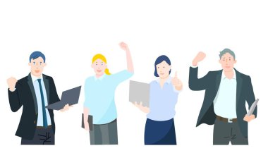 Erkekler ve kadınlar, iş ekipleri için dizüstü bilgisayar işi profesyonelleri illüstrasyon materyali ile zafer pozu veriyorlar.