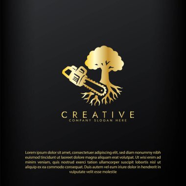 Elektrikli testere logo aracı, Elektrikli testere ve Ağaç Damlası vektör çizim logosu tasarımı