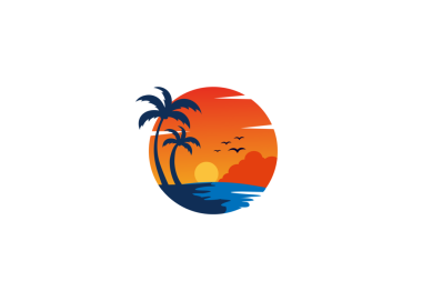 Tatil tatili plaj logosu Palm Trees tasarımı şeffaf arka plan Tropikal Günbatımı logosu 