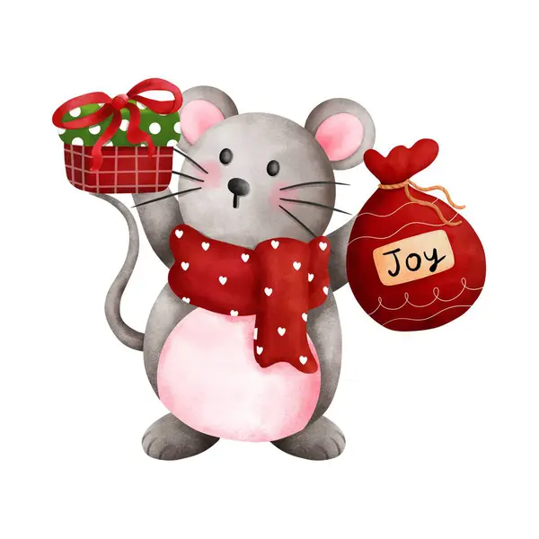 Cheerful Watercolor Christmas Baby Mouse Red Scarf Illustration Red Gift — Stock Photo, Image