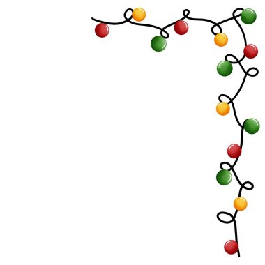 Sağ üst köşede renkli Noel ışıklarının suluboya sınırı. Kutlama kartları için Noel sınırı. Bayram süsleri ve müşteriler için..