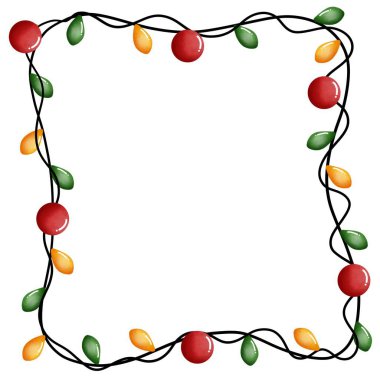 Suluboya renkli parti ışıkları çerçeve çizimi. Bayram etkinliği ve bayram süsleri klipsi. Parlak ve kaprisli noel süsü.. 