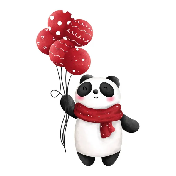Watercolor Panda Bebê Feliz Com Balões Natal Ilustração Clipart Decoração — Fotografia de Stock