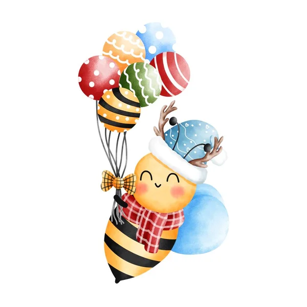 Happy little bee wearing a blue beanie and red scarf with antler and colorful balloons.Cute animal with christmas accessories illustration.Watercolor christmas illustration.