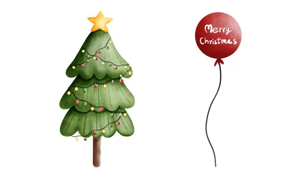Set of watercolor christmas tree illustration with festive lights and red balloon.Watercolor christmas ornament clipart.Magical holiday decoration.