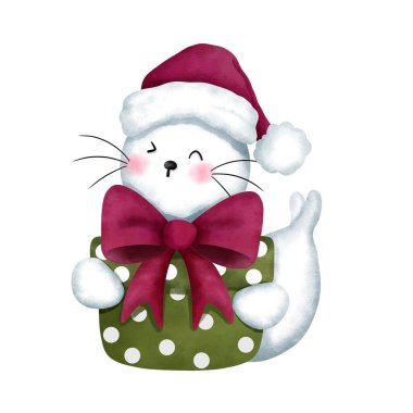 Renkli hediye kutusu ve kırmızı Noel Baba şapkası olan neşeli bebek fokları. Noel hayvanlarının suluboya resimleri. Noel kutlamaları için tuhaf kutup hayvanları çizimleri..